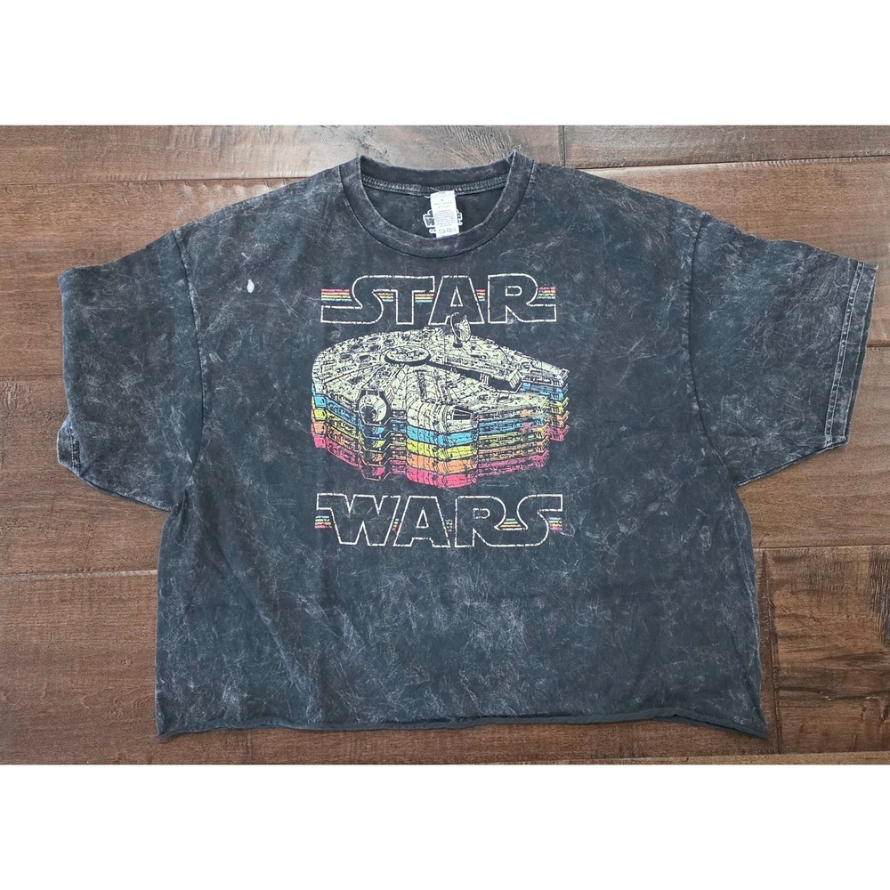 Y2K Grunge Edgy Streetwear Star Wars Acid Wash Cropped Graphic T-Shirt Black M